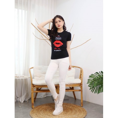 Baju Kaos Wanita Modis Premium Slimfit Spandex Desain Phone Is Locked Kiss Me To Unlock