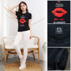 Baju Kaos Wanita Modis Premium Slimfit Spandex Desain Phone Is Locked Kiss Me To Unlock