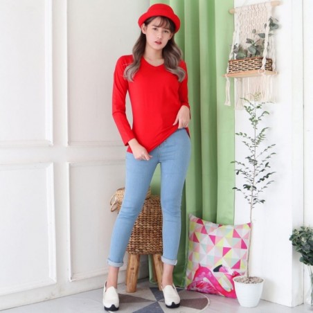 Point8 Kaos V-Neck/ Wanita /Polos/ Lengan panjang / Slimfit / katun / Combed30'S